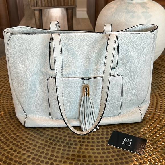 Milly of New York White Pebble Leather Tote Bag - Picture 1 of 12